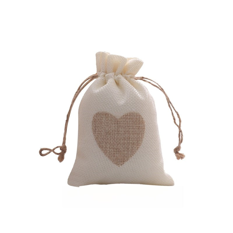 Cotton Linen Drawstring Gift Bag With Heart Print