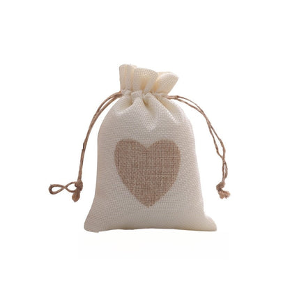 Cotton Linen Drawstring Gift Bag With Heart Print