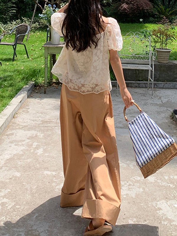 High Waisted Wide Leg Pleated Solid Color Casual Pants Bottoms Flared Trousers