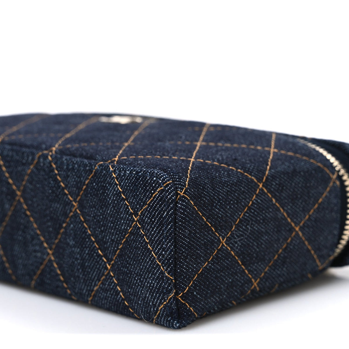 Denim Quilted Top Handle Slim Vanity Case With Chain Blue Orange