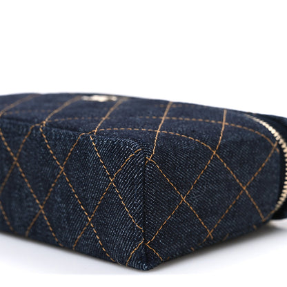 Denim Quilted Top Handle Slim Vanity Case With Chain Blue Orange