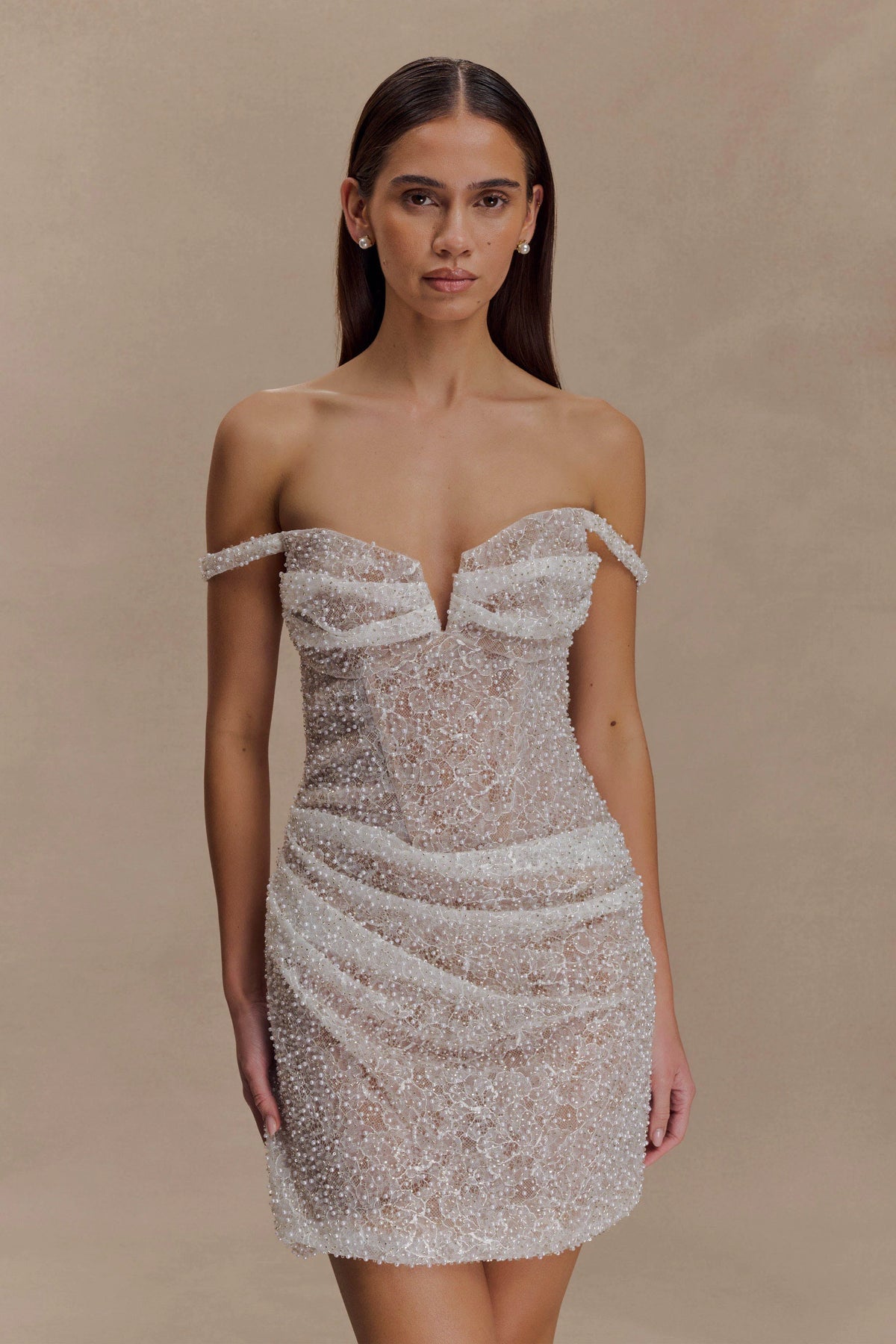 Connie Beaded Bodycon Mini Dress - Nude