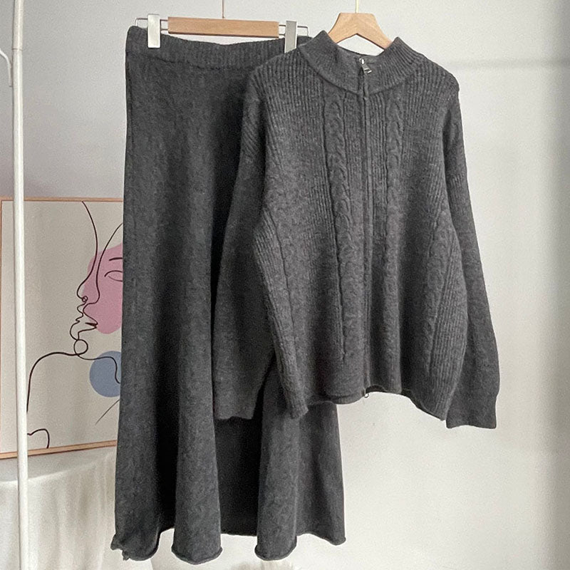 2 Pcs Fall Zip-Up Cardigan Maxi Skirt Set