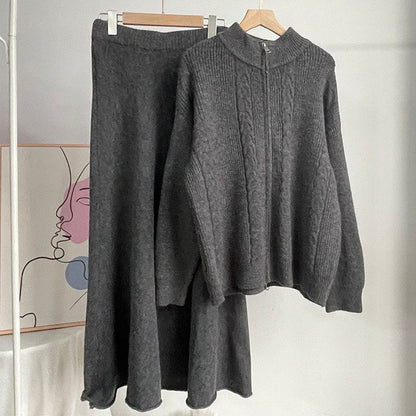 2 Pcs Fall Zip-Up Cardigan Maxi Skirt Set