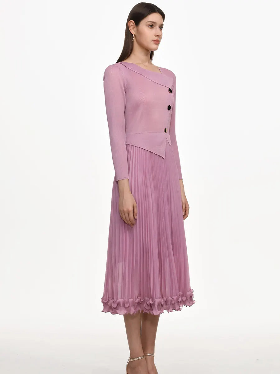 Imelda Flowy Long Sleeve Ruffle Pleated Knit Maxi Dress