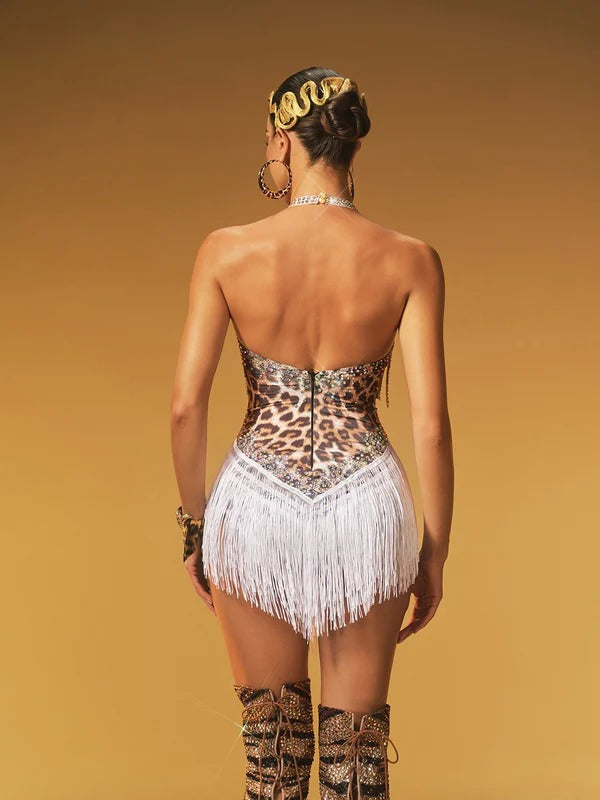 Azhor Halterneck Rhinestone Fringe Leopard Bodysuit