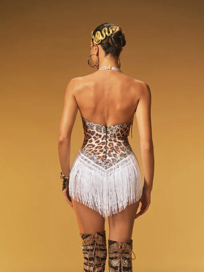 Azhor Halterneck Rhinestone Fringe Leopard Bodysuit