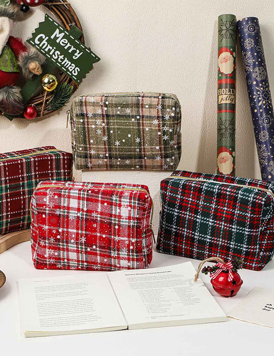 Vintage Christmas Plaid Snowflake Makeup Bag