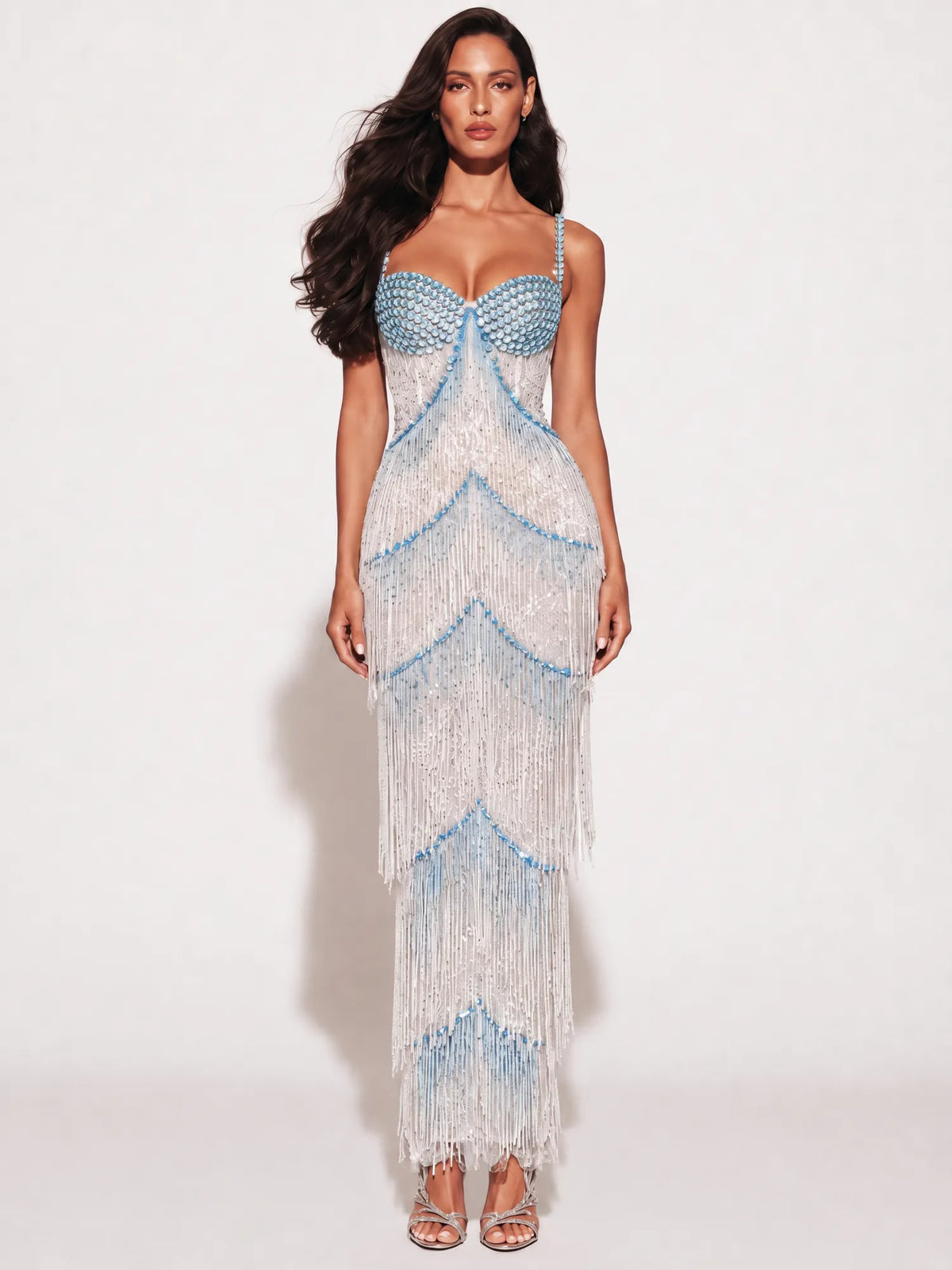 Grace Beaded Bustier Fringe Maxi Dress