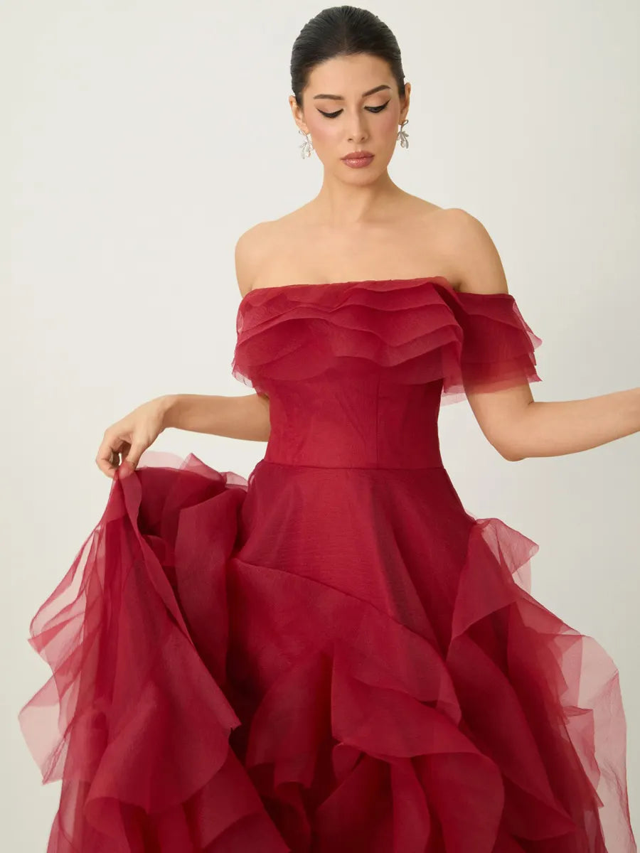 Penelope Off Shoulder Tiered Ruffle Organza Maxi Dress