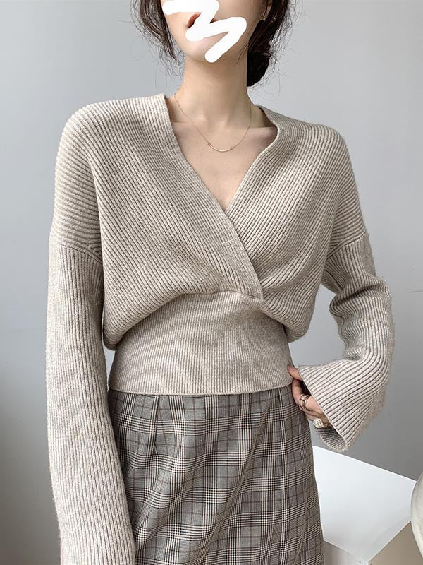 Stylish 6 Colors Knitting V-Neck Asymmetric Sweater