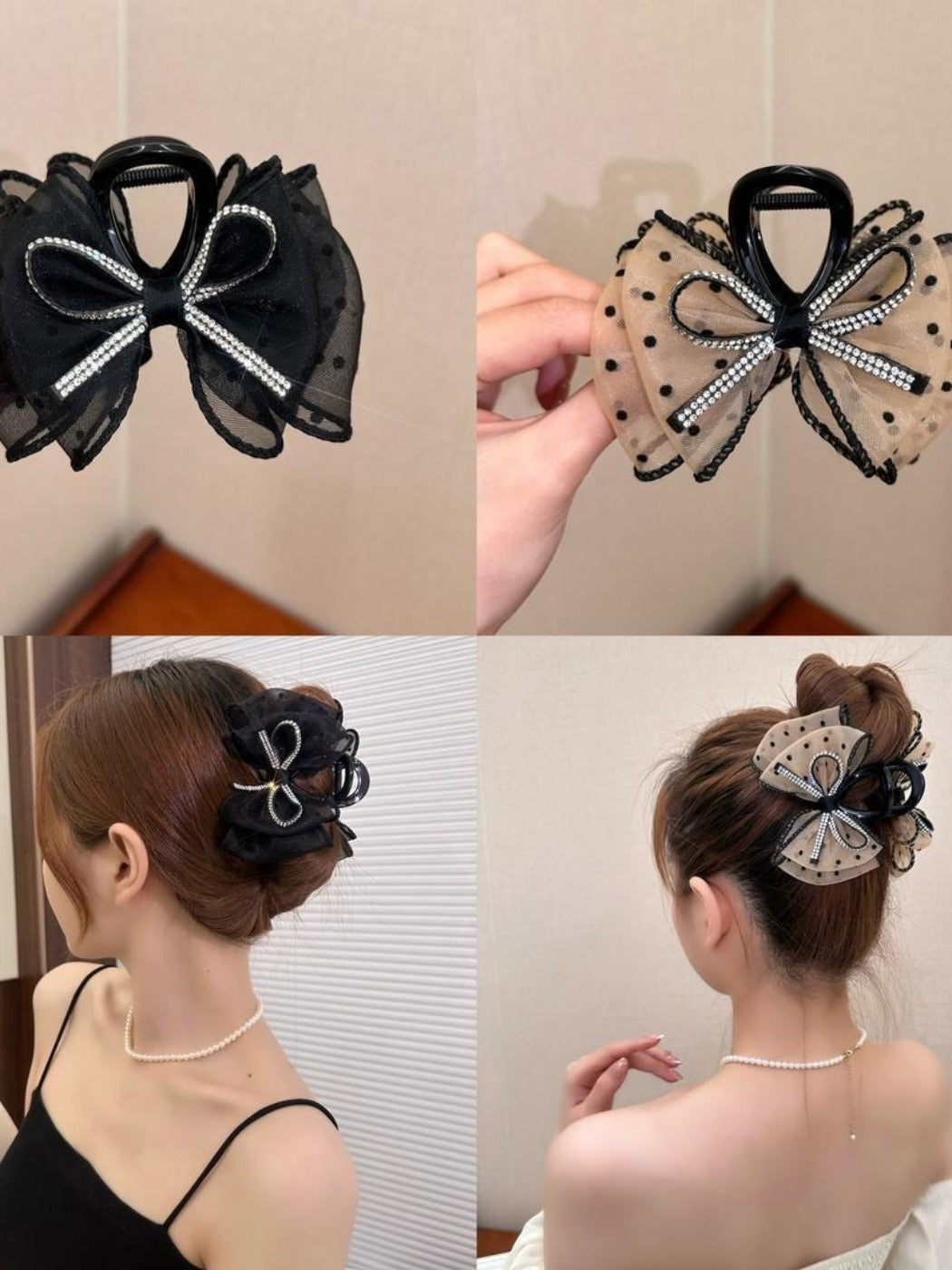 Clio - Dark-Tone Tulle Polka Dot Bow Hair Claw