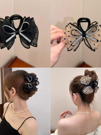 Clio - Dark-Tone Tulle Polka Dot Bow Hair Claw