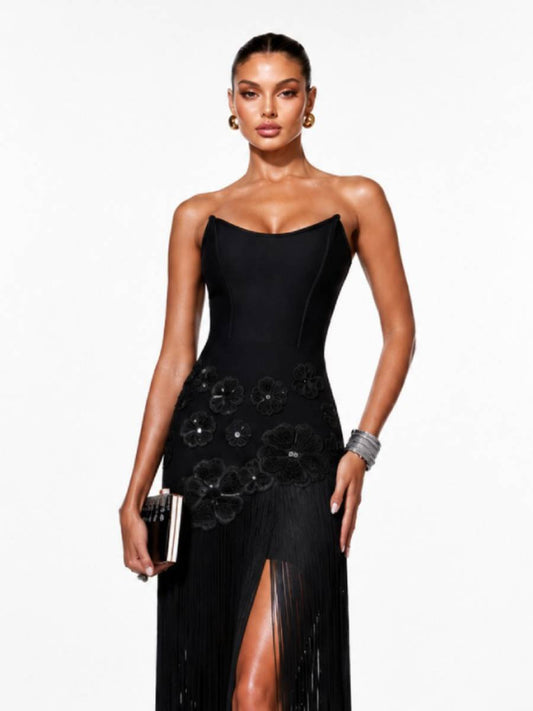 Olivia Chic Contour Strapless Floral Fringe Bandage Maxi Dress