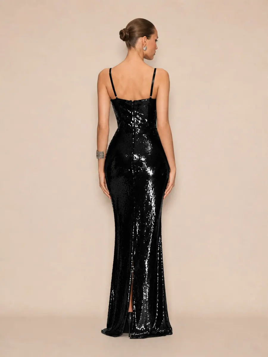 Zyla Glamorous Tailored Cut Out Rhinestone Sequin Maxi Dress