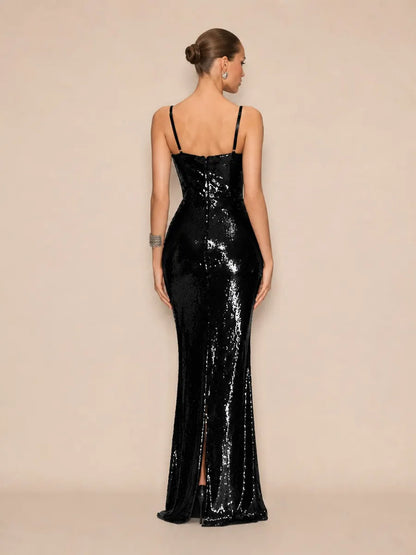 Zyla Glamorous Tailored Cut Out Rhinestone Sequin Maxi Dress