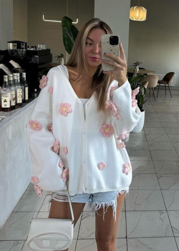 3D Floral Knit Cardigan With V Neck