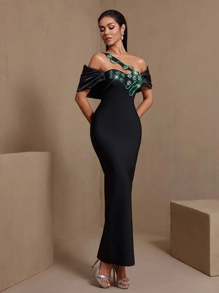 Ines Green Vine Crystal Floral Bandage Maxi Dress
