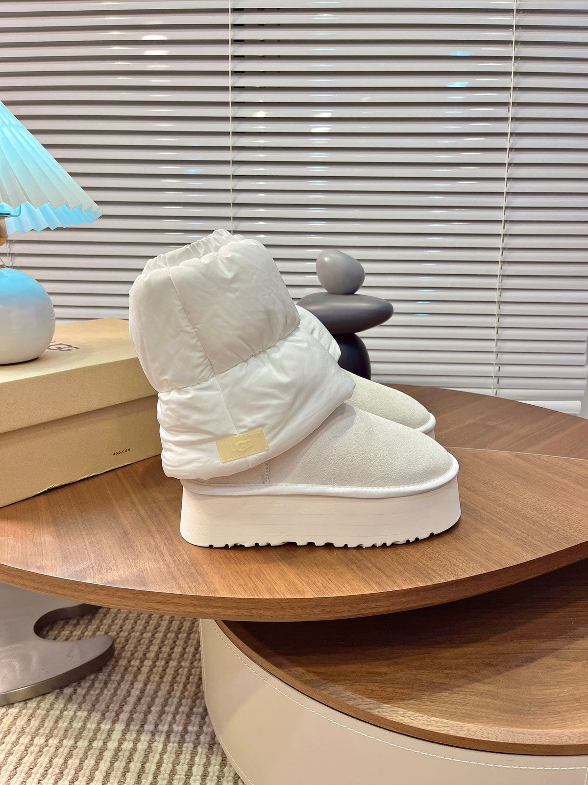 UGG Classic Mini Dipper Puffer Boots Off White Suede Technical Fabric