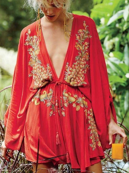 Boho Sexy Embroidered Deep V-Neck Drawstring Long Sleeve Mini Dress