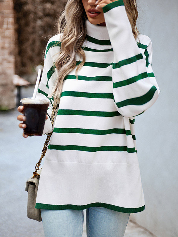 Loose Wrap Contrast Color Split-Side Striped High-Neck Sweater Tops