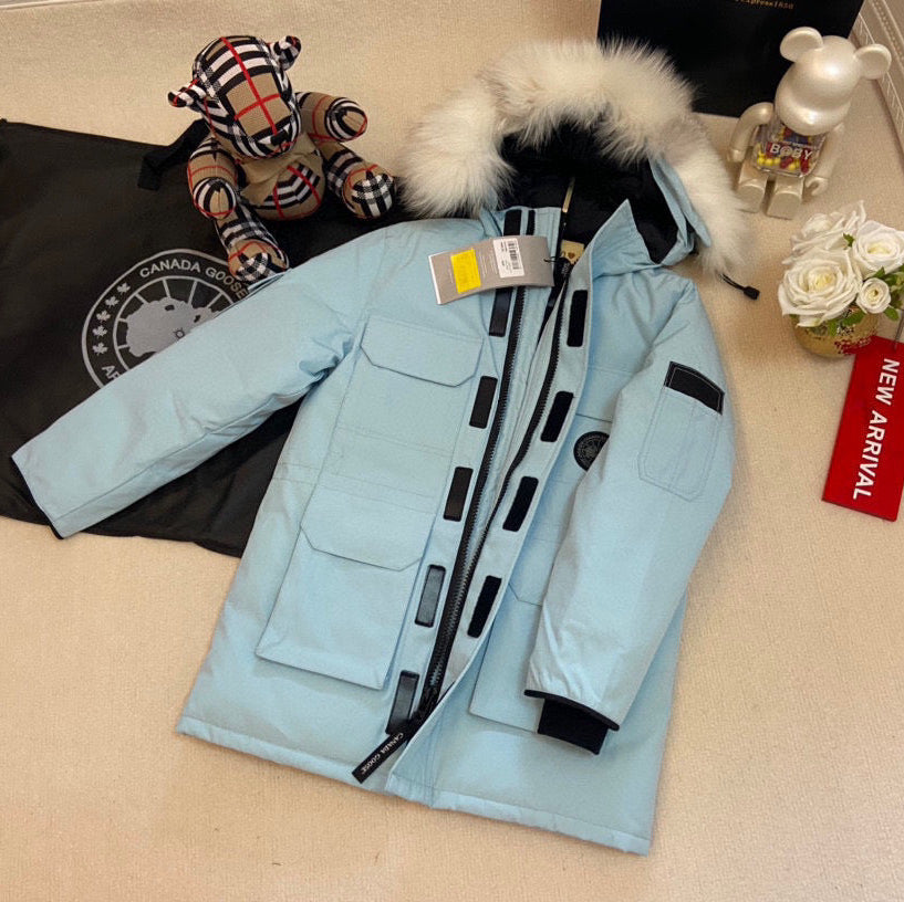 Canada Goose Children Jacket Wolf Fur Light Blue Polyester Cotton