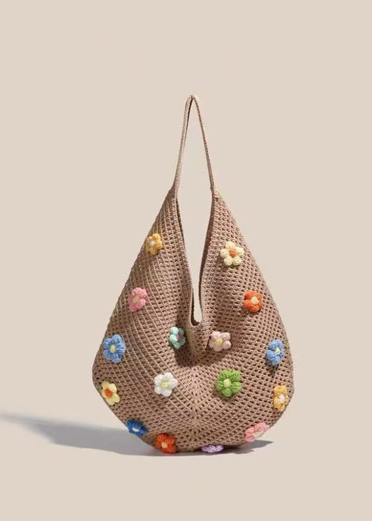 Crochet Shoulder Bag with Colorful 3D Floral Accents