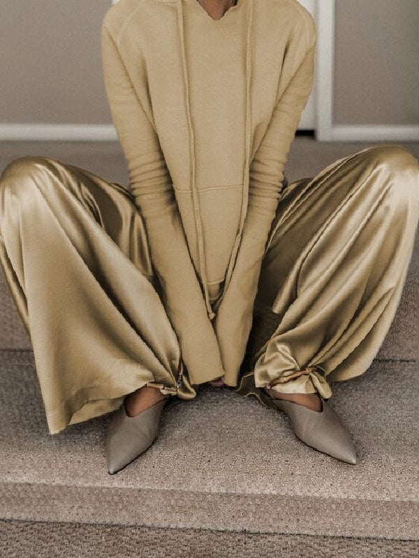 High Waisted Long Sleeves Drawstring Hooded Solid Color Split-Joint Hooded Pants Set Two Pieces Set Two-Piece Sets