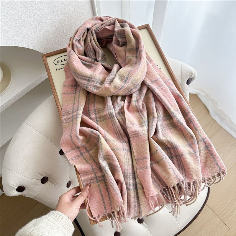 Color Block Plaid Fringe Scarf
