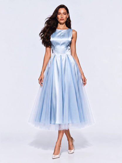 Elisa Satin and Mesh Panel Sleeveless Midi Dress