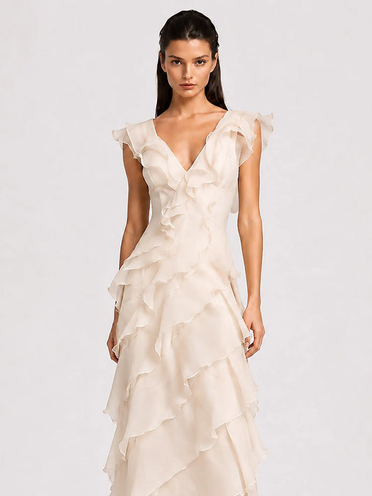 Annabel Ruffled V-Neck Maxi Dress