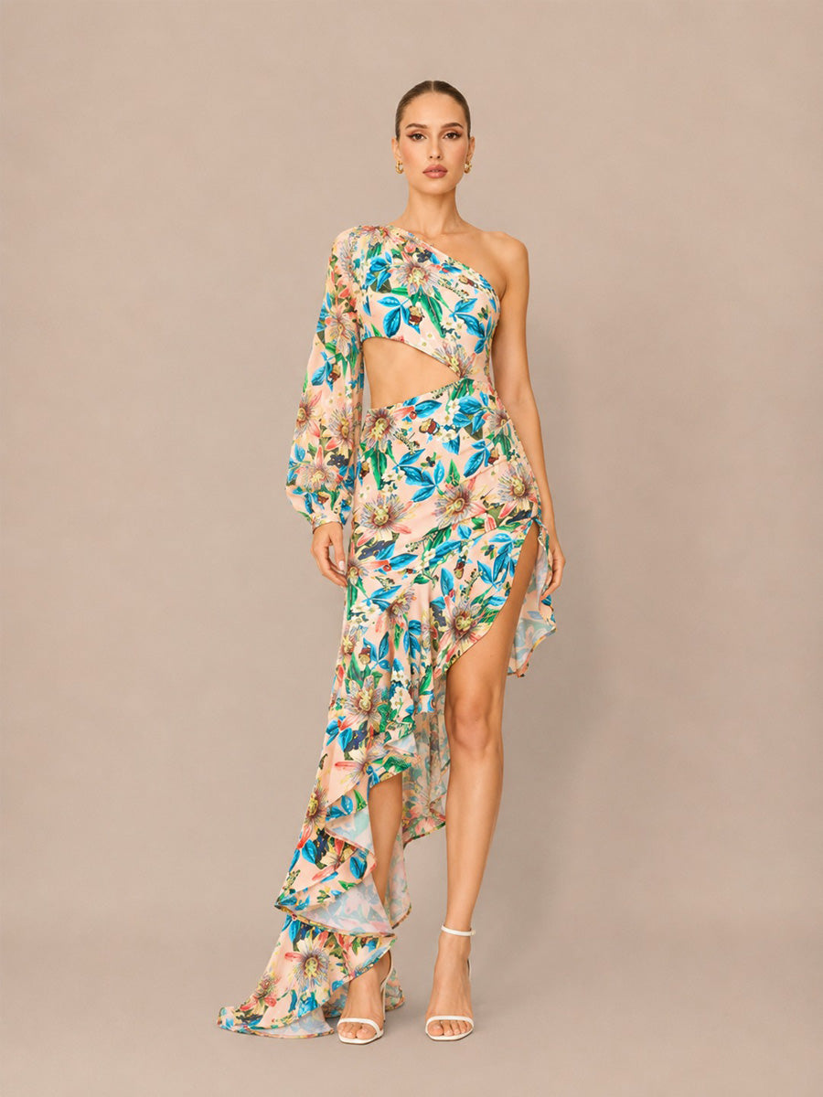 Cassidy Floral Asymmetric One-Shoulder Ruffled Maxi Dress