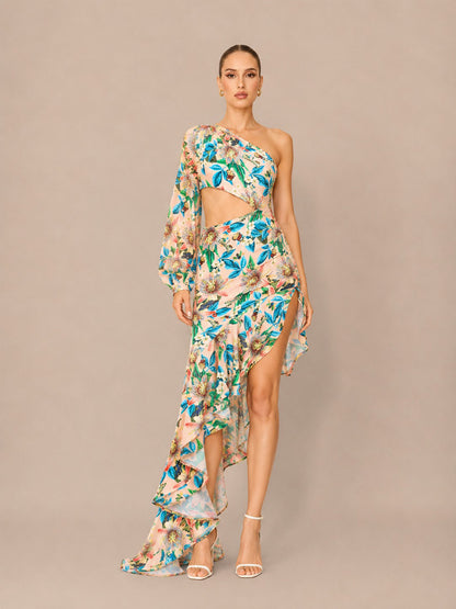 Cassidy Floral Asymmetric One-Shoulder Ruffled Maxi Dress