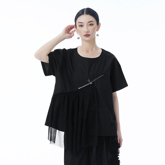 Vintage Mesh Zipper Short Sleeve T Shirt Women
