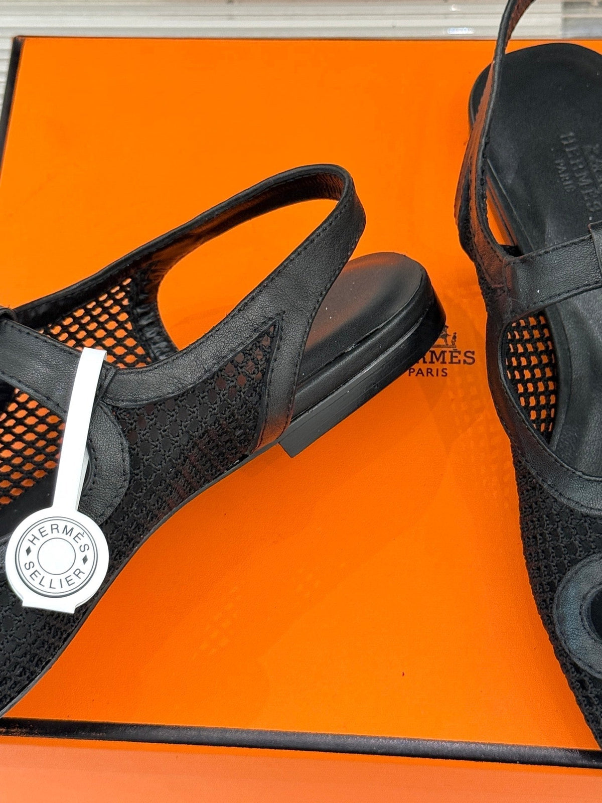 HM 25WF Flat Sandals Mesh Cutout Black Calfskin 571917
