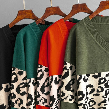 Simple V-Neck Loose Color Block Leopard Print Sweater