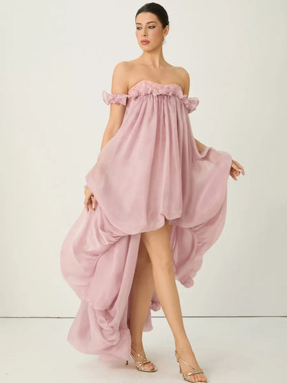 Calliope Pink Off Shoulder High Low Ruffle Maxi Dress