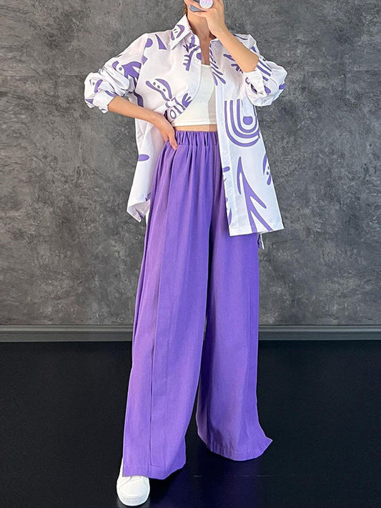 Lapel Printed High-Low Blouse+ Elasticity High Waisted Split-Side Pants Bottom Two Pieces Set