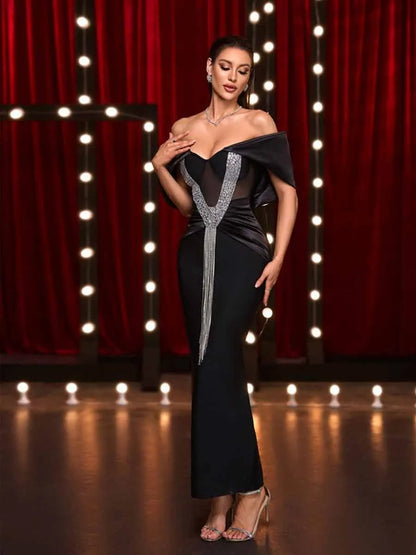 Zia Crystal Fringe Off Shoulder Bandage Maxi Dress