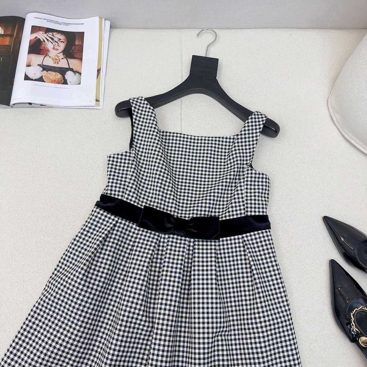 Celine 25 Bow Dress Black mix White Polyester Cotton 607798