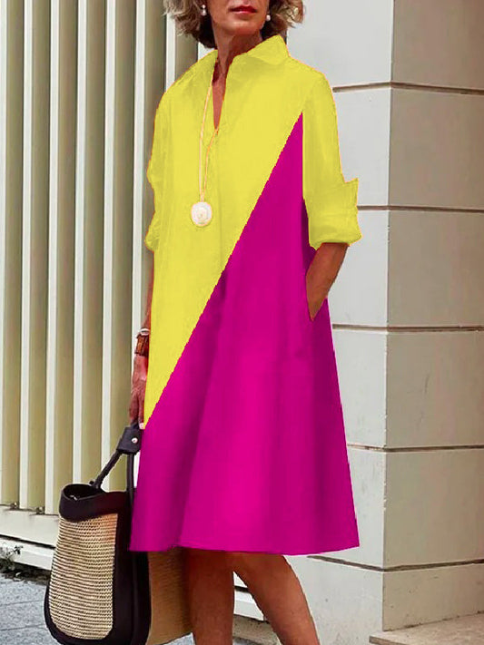 Contrast Lapel Midi Short Dresses Polyester Cotton