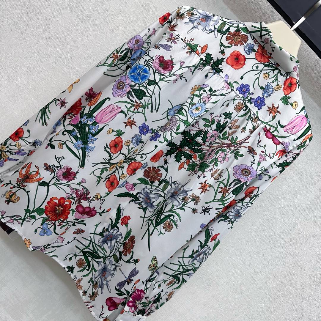 GG SS26 Flora Printed Collared Shirt White Multicolor Silk 351788