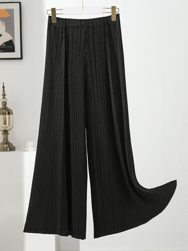 Simple Loose Wide Leg Pleated Solid Color Casual Pants Bottoms
