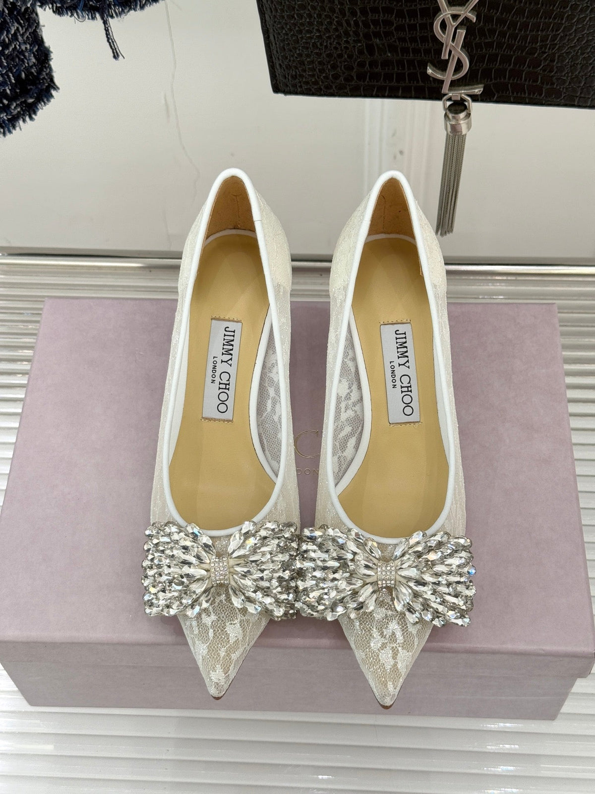 JC25WF Rhinestone Bow Pionted Toe High Heels 65 White Sheepskin 573537