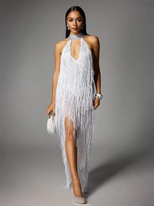 Elvrik Halterneck Fringe Cutout Split Maxi Dress