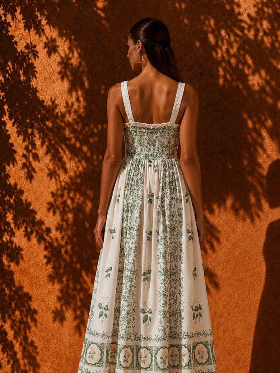 Elara Pearl-Accented Forest-Style Print Midi Dress