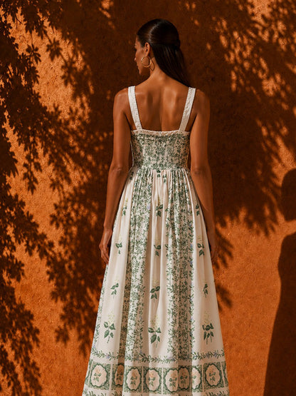 Elara Pearl-Accented Forest-Style Print Midi Dress