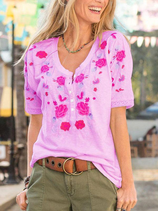Summer New Style Women'S Short-Sleeved Fashion Embroidery Lace Casual T-Shirt