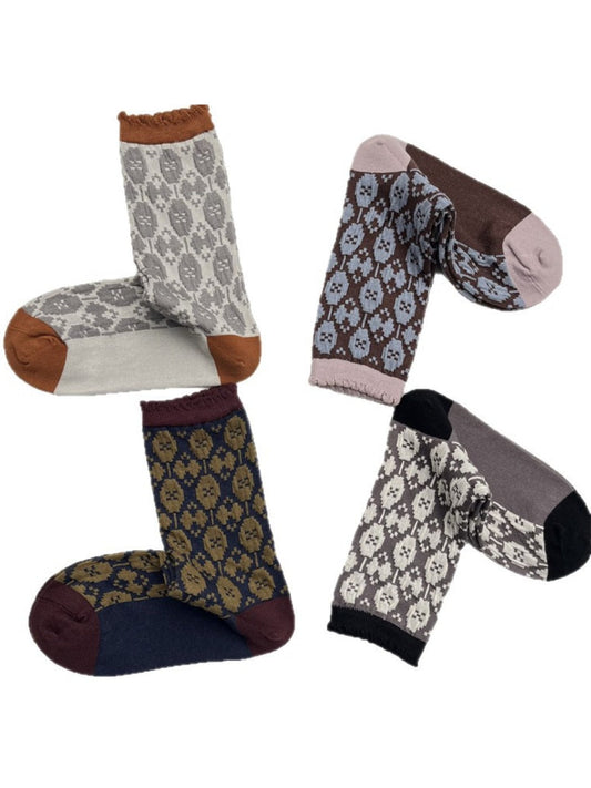 Rufia - Retro Mid-Calf Socks with Embossed Flowers