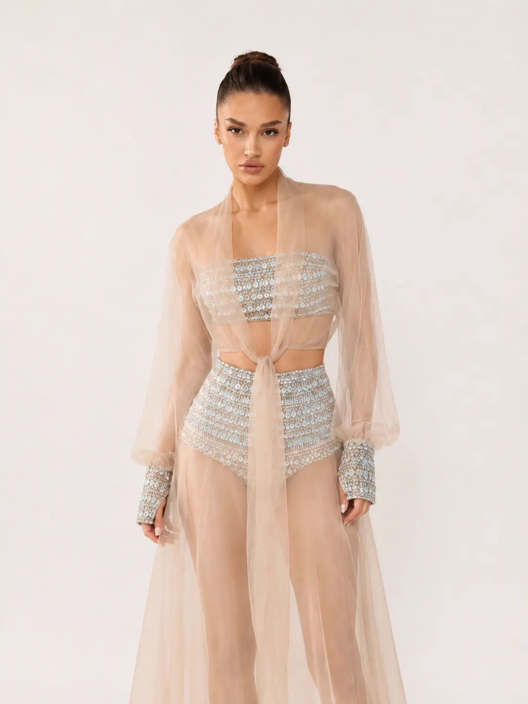 Celestia Rhinestone Sheer Mesh Three-Piece Set